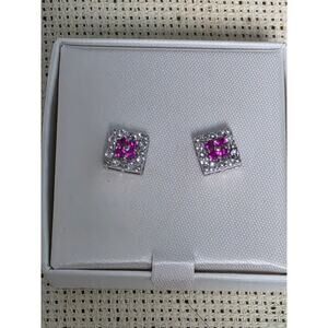 NWT Lab Created Ruby White Sapphire Cluster Stud Earrings Silver Tone Square